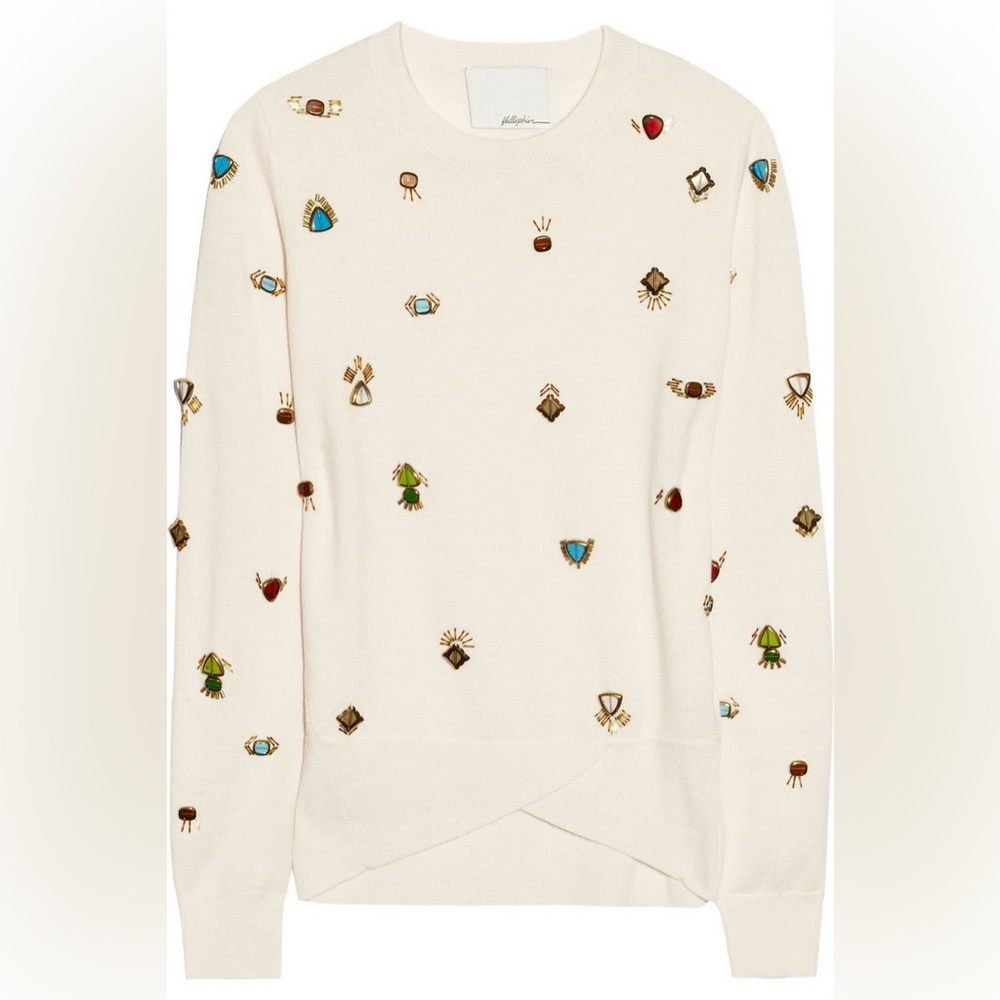 3.1 Phillip Lim Embellished 100% Wool Pullover – Multi-Gem Eye Charms, Size M